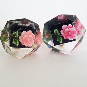 Vintage Costume Jewelry Lucite Screw-Back Earrings Pink Rose *IMPERFECT